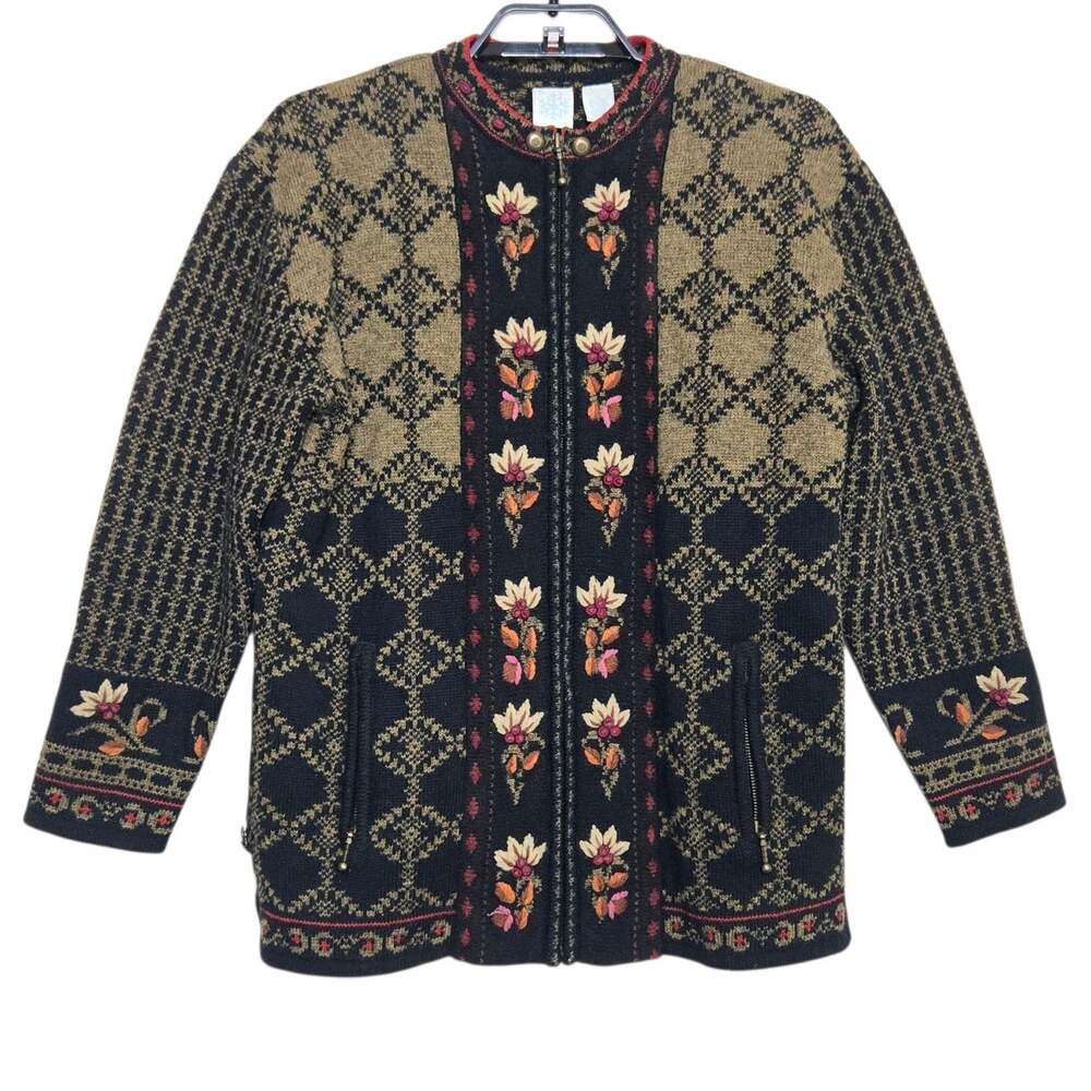 Icelandic Design Cardigan Sweater Women Size Medium Fair Isle Zip Nordic